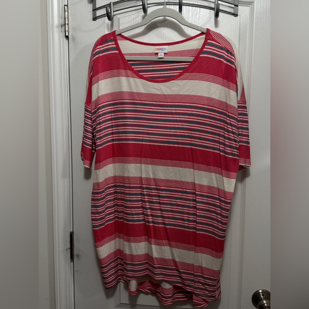 LuLaRoe Irma‎ Tunic M Pink Green White Striped Stretch Top NWT